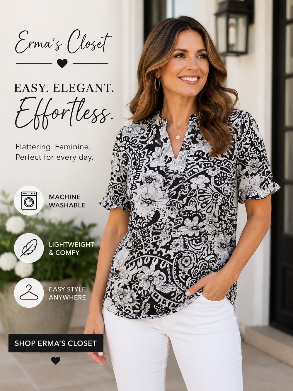 Black & White Floral V-Neck Blouse